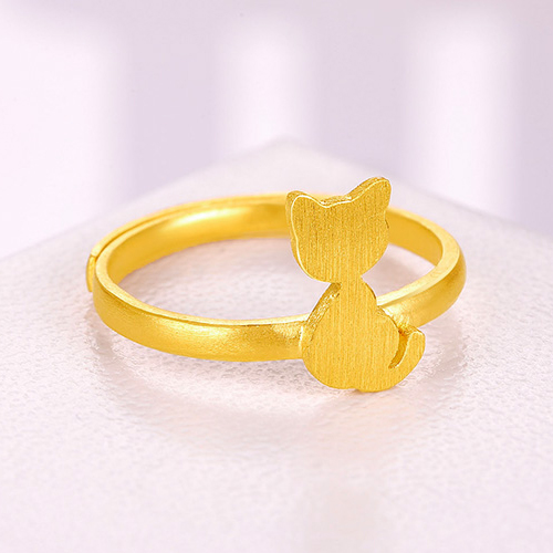 黄金戒指女 足金小猫女戒 金属拉丝指环女款 计价