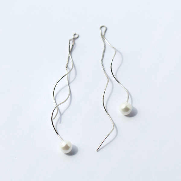 925银耳环女韩版甜美贝珠珍珠耳环波浪耳线长款耳坠耳饰品