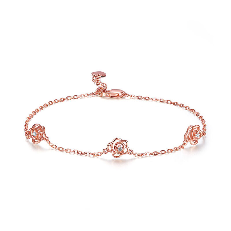 18K金钻石手链女款玫瑰花钻石玫瑰金手链 