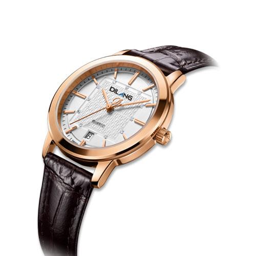 帝浪(DILANG)手表 进口石英表 优雅牛皮带女士手表瑞士石英机芯E7 白面玫金色圈 