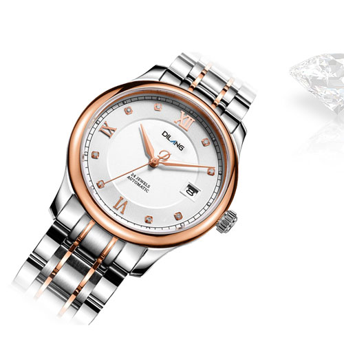 帝浪(DILANG)手表 情侣手表 简约商务进口机械机芯男女对表V9 玫瑰间金白盘