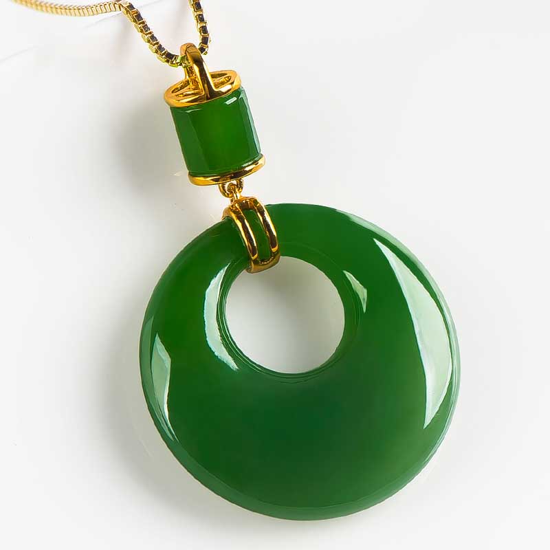 18k金镶嵌 新疆和田玉平安扣 碧玉金镶玉吊坠女玉石挂件