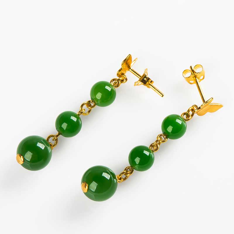 新疆和田玉耳环 碧玉耳坠 18k金镶嵌碧玉耳饰