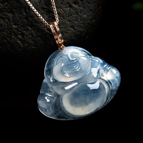 天然翡翠玉佛吊坠女项链弥勒佛挂坠挂件18K玫瑰金镶玉坠