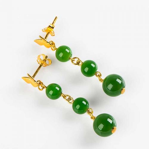 新疆和田玉耳环 碧玉耳坠 18k金镶嵌碧玉耳饰