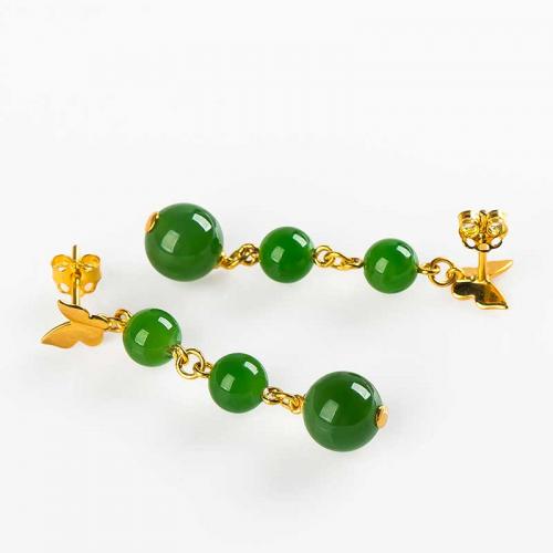 新疆和田玉耳环 碧玉耳坠 18k金镶嵌碧玉耳饰