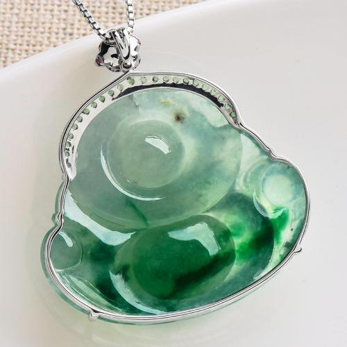 天然翡翠吊坠女项链玉佛挂坠白18K金镶玉坠配沙弗莱石