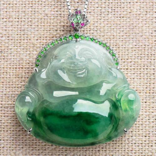 天然翡翠吊坠女项链玉佛挂坠白18K金镶玉坠配沙弗莱石