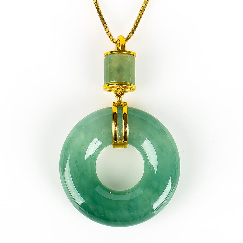 18K金镶嵌冰种翡翠吊坠 翡翠平安扣挂件女 项链正品