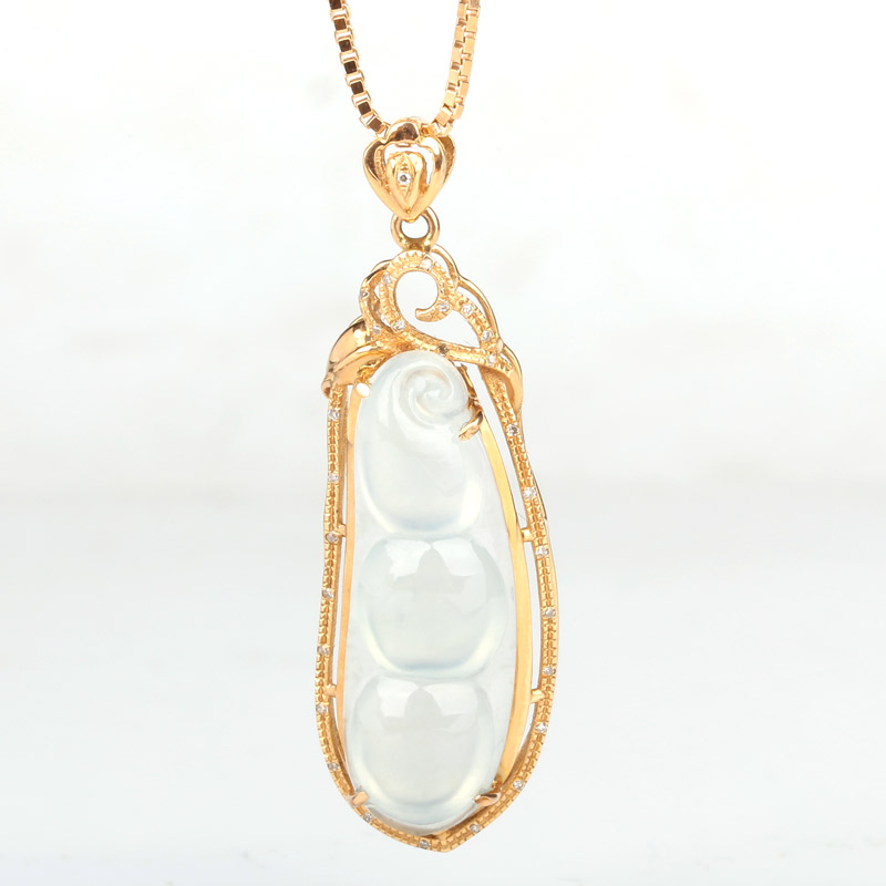 天然A货女款翡翠豆荚项链吊坠冰糯种金镶玉玉坠