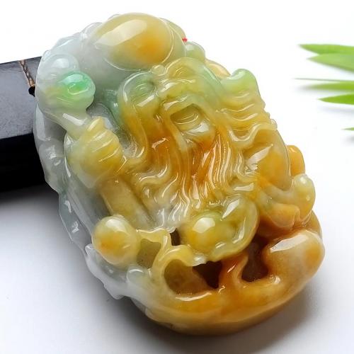 天然A货翡翠寿星吊坠 冰糯种黄翡飘花寿星玉挂坠