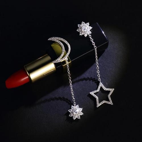 925银星星月亮不对称耳钉女长款显脸瘦的耳环饰