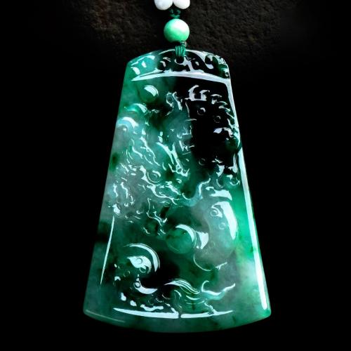 天然翡翠吊坠男玉牌辣绿龙牌挂坠玉佩挂件A货正品证书