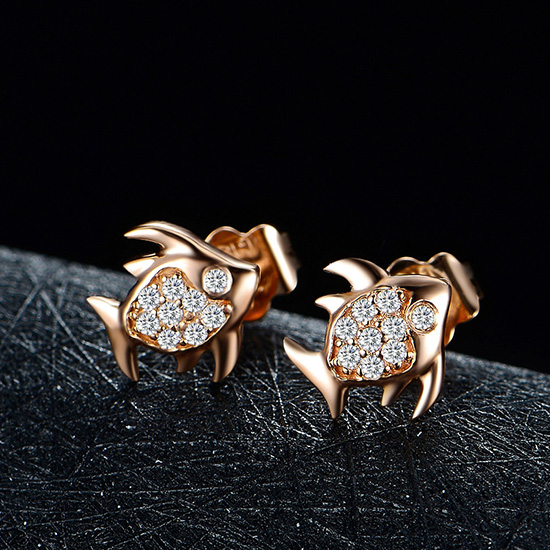 18K金玫瑰金鱼儿钻石耳钉定制彩金白金黄金耳环耳坠