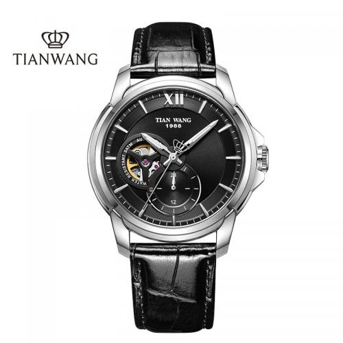 天王表(TIANWANG)手表 商务时尚休闲男表镂空机械表皮51028 黑盘黑皮带