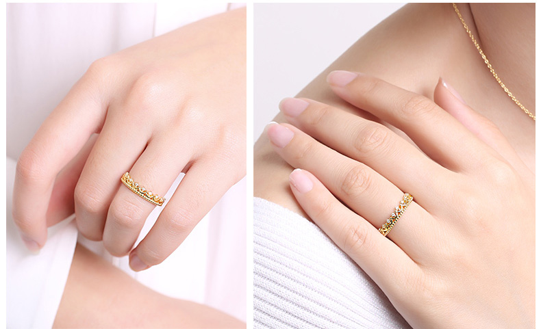 14K金戒指女指环彩金皇冠女戒模特佩戴图