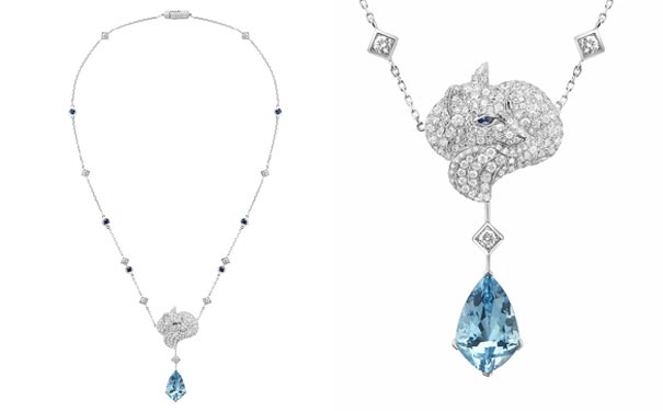 风筝形切割海蓝宝石，项链上镶嵌钻石和蓝宝石。
