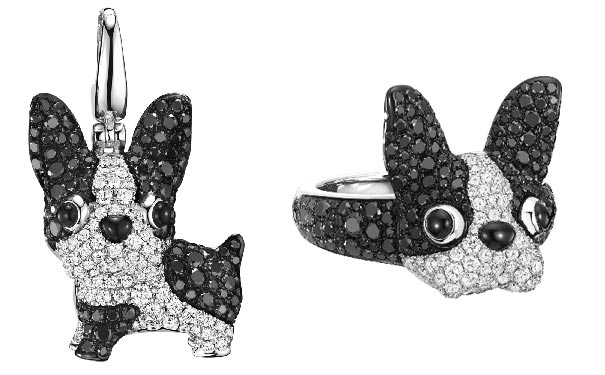 法国斗牛犬彼埃尔18K钻石和黑钻石白金吊坠
