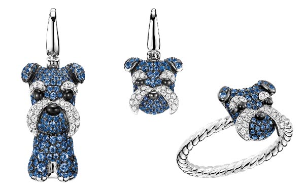 雪纳瑞摩根吊坠18K白金钻石和蓝宝石