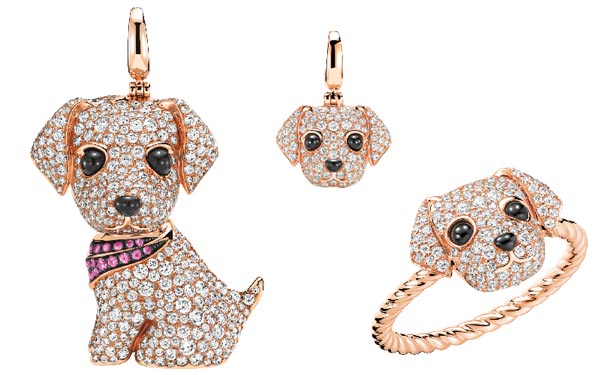 金毛贝拉吊坠18K玫瑰金钻石和粉红蓝宝石