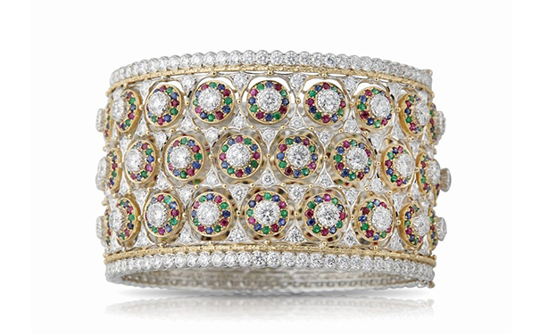 钻石、红宝石、蓝宝石和祖母绿白金手镯