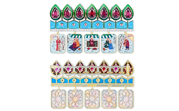 Samarkand 金质胸针，by Ilgiz F.  呈现波斯诗人 Omar Khayyam 主题，镶嵌水滴形切割石榴石，绘有彩色珐琅。