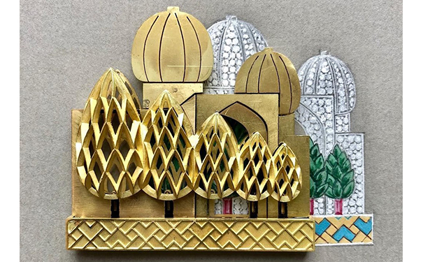 Samarkand 金质胸针，by Ilgiz F.  镶嵌阶梯形切割红宝石，圆形切割钻石，绘有彩色珐琅。