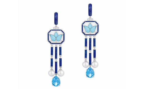 Samarkand 白金耳坠，by Ilgiz F.  坠有珍珠和水滴形托帕石，点缀圆形切割钻石，绘有彩色珐琅。