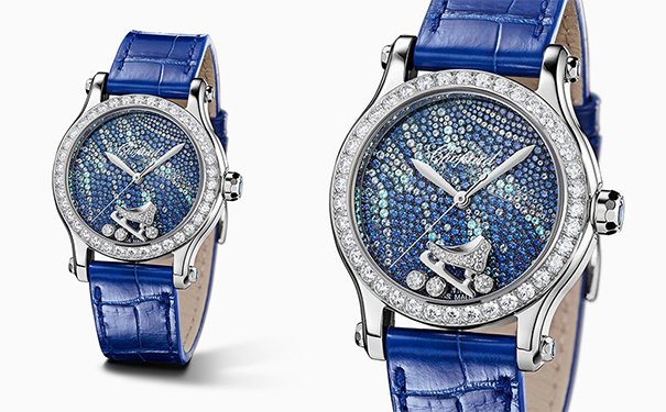 蓝宝石、海蓝宝石、托帕石、碧玺和钻石铺的表盘背景