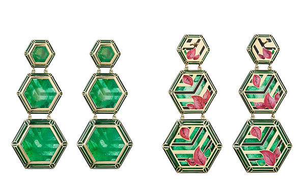 Jaipur Bougainvillea 金质耳坠，by Alice Cicolini X Muzo   镶嵌6枚达碧兹祖母绿切片，绘有彩色珐琅。