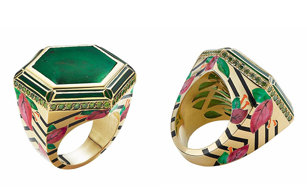 Jaipur Bougainvillea 金质戒指，by Alice Cicolini X Muzo   主石为一枚13.26ct的达碧兹祖母绿切片， 点缀绿色钻石，绘有彩色珐琅。