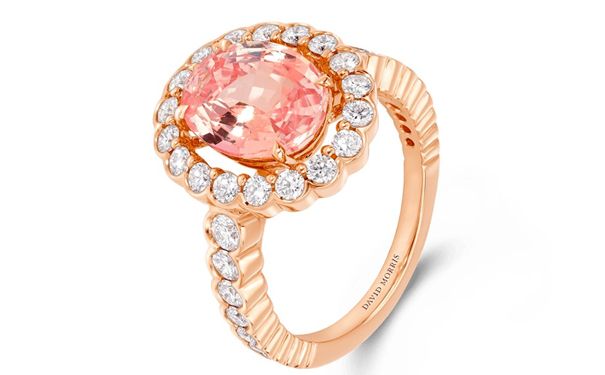 Elizabeth 系列玫瑰金戒指，by David Morris  主石为一颗3.63ct的椭圆形切割 Padparadscha 蓝宝石，点缀圆形切割钻石。