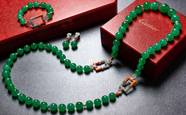 缅甸天然翡翠珠配珊瑚及钻石项链、手链及耳环套装