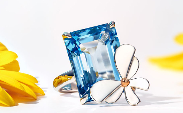 Love Bugs 戒指，by Tiffany & Co.  主石为一颗阶梯形切割托帕石，戒托由白金和玫瑰金制作。