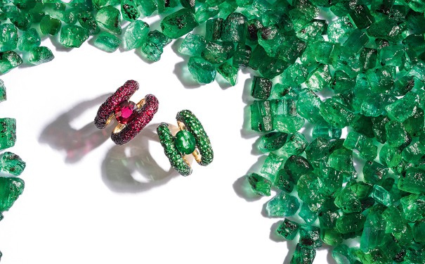 Fabergé 法贝热 Emotion Charmeuse 红宝石戒指、祖母绿戒指