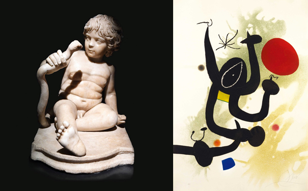 《年幼赫拉克勒斯与蛇搏斗像》，公元160-180年/《蛇影》，Joan Miró，1978年