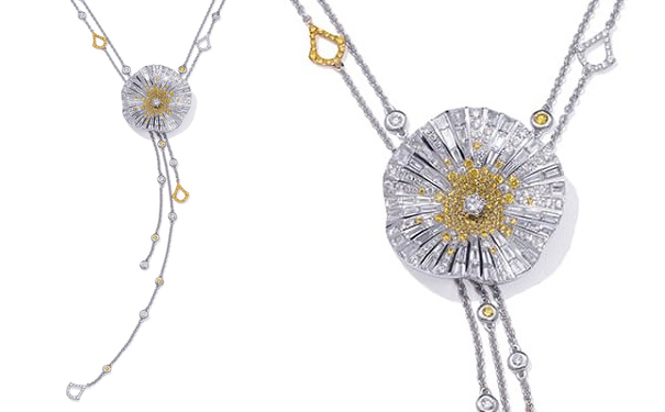 Belle 白金项链，by Stenzhorn  镶嵌圆形和阶梯形切割钻石，以及圆形切割黄钻